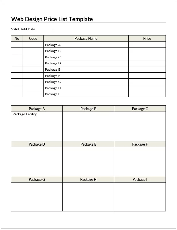 Web Design Price List Template