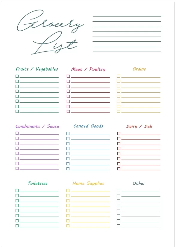 Weekly Grocery List Template